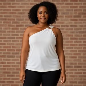 Express White One-Shoulder Golden Ring Detail Top Size M